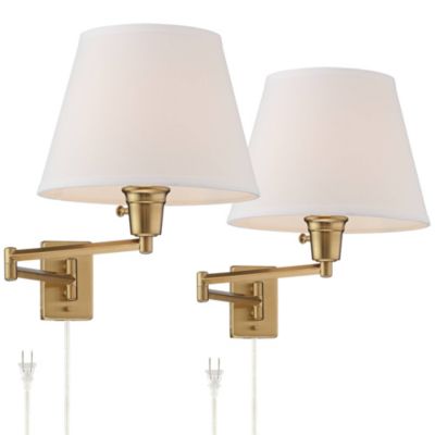 Clement Modern Swing Arm Wall Lamps Set of 2 Plug-in Fixtures with White Linen Shade for Bedroom, Bedside, Living Room or Reading