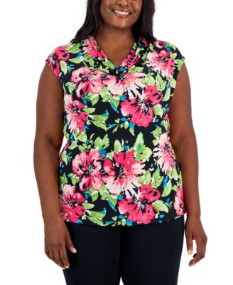 Kasper - Plus Size Floral Print Cowlneck Cap Sleeve Top