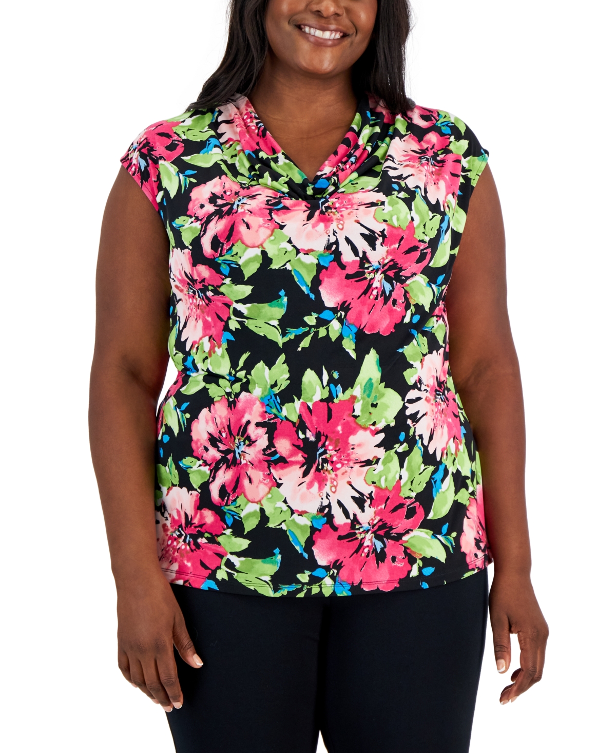 Plus Size Floral Print Cowlneck Cap Sleeve Top - Black/ Pink Perfection Multi