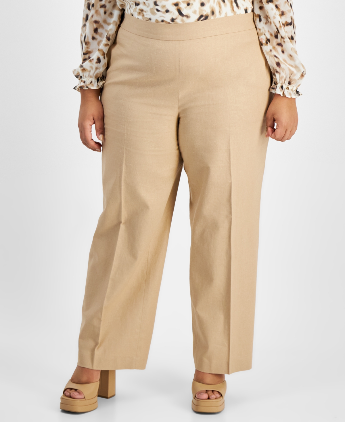Bar Iii Plus Size Wide-leg Linen-blend Pull-on Pants, Created For Macy's In Barley Field