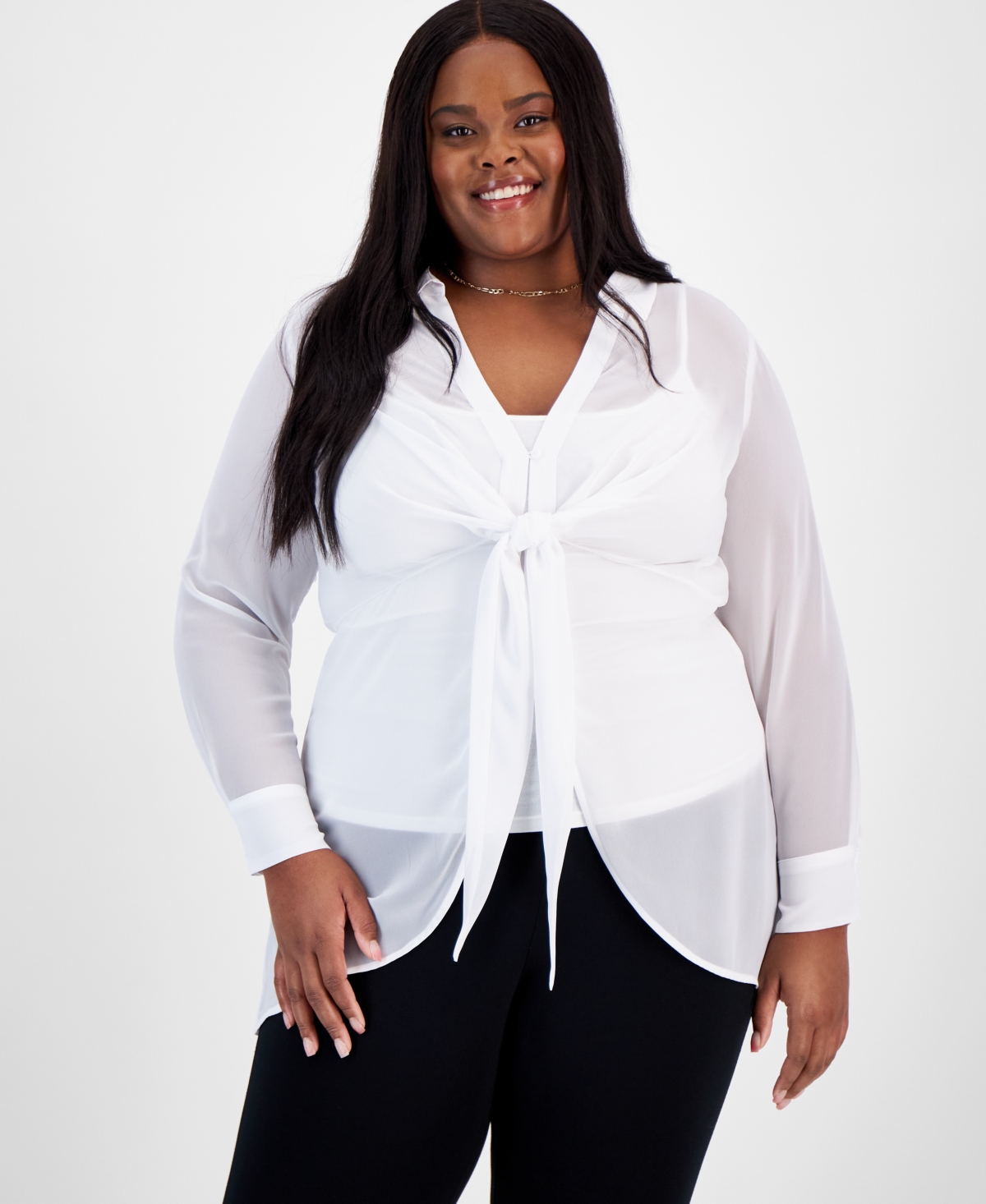 Shop Bar Iii Trendy Plus Size Tie-front Long-sleeve Blouse, Created For Macy's In Bright White