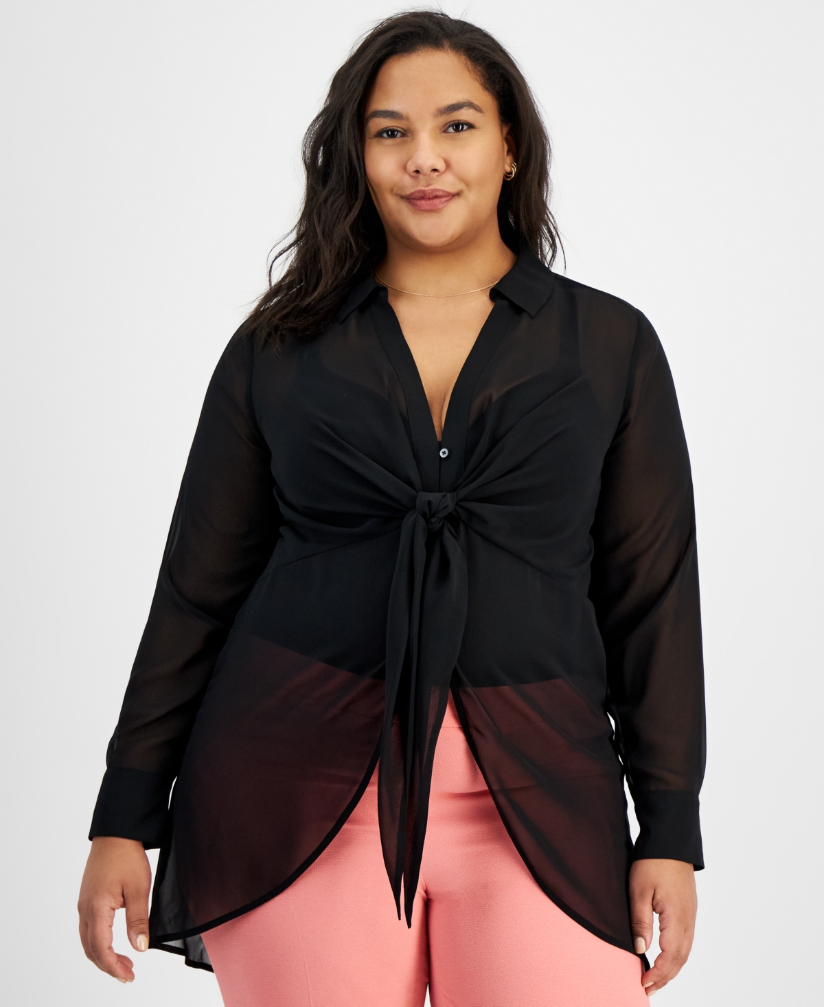 Shop Bar Iii Trendy Plus Size Tie-front Long-sleeve Blouse, Created For Macy's In Deep Black