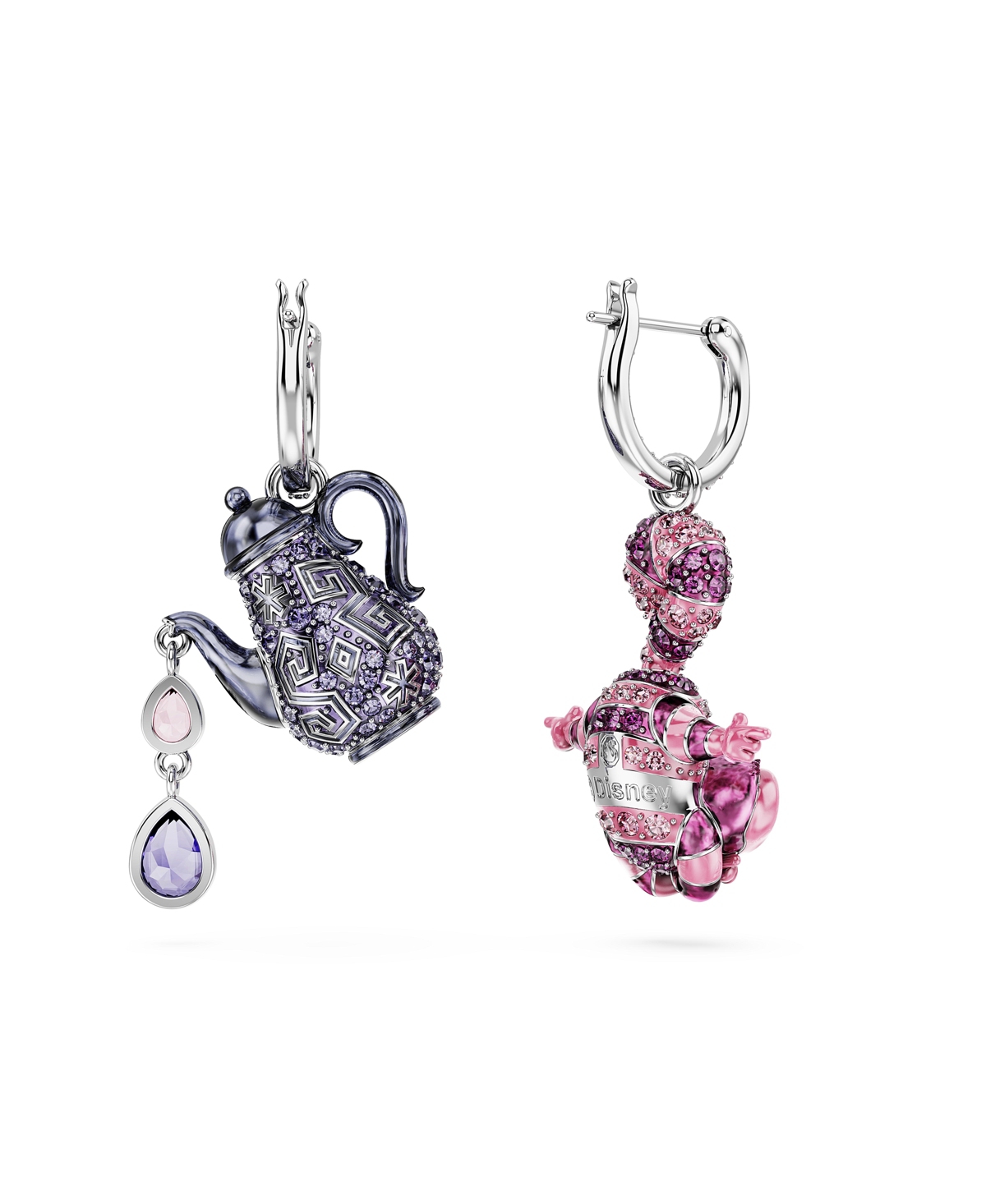 Swarovski Asymmetrical Design, Cat and Teapot, Rhodium Plated Alice In Wonderland Drop Earrings - Multicolored