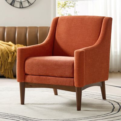 Fabric Recessed Arms Accent Chair with Solid Wood Legs for Living Room Bedroom
