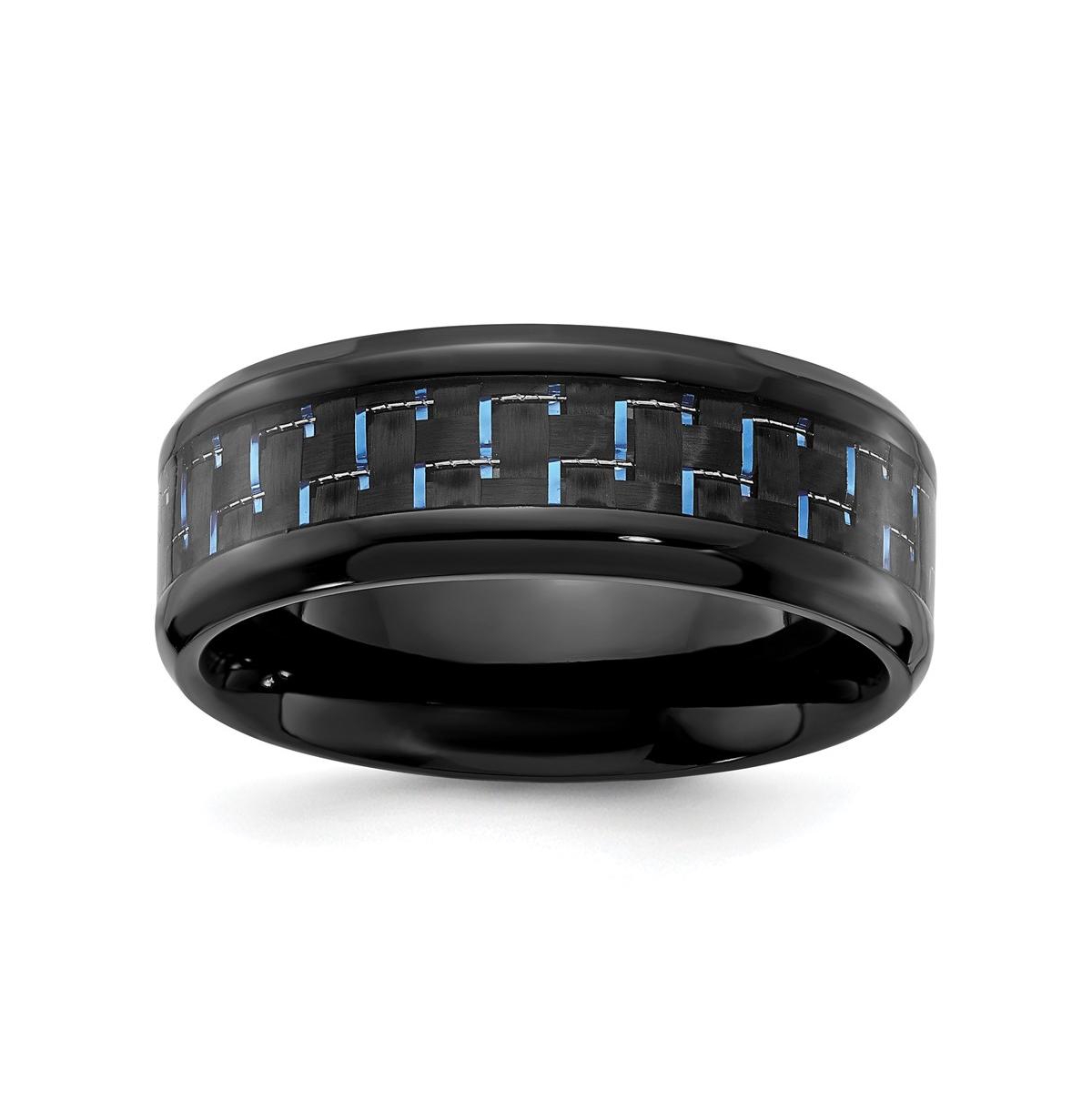 Black Titanium Black and Blue Carbon Fiber Inlay Band Ring - Black