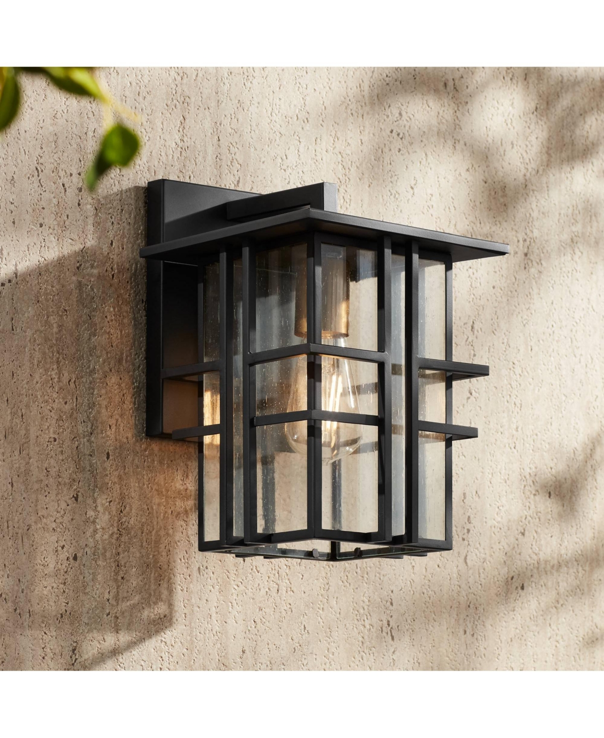 Arley Modern Outdoor Wall Light Fixture Black Geometric Frame 12" Seedy Glass for Exterior Barn Deck House Porch Yard Patio Outside Garage Front Door