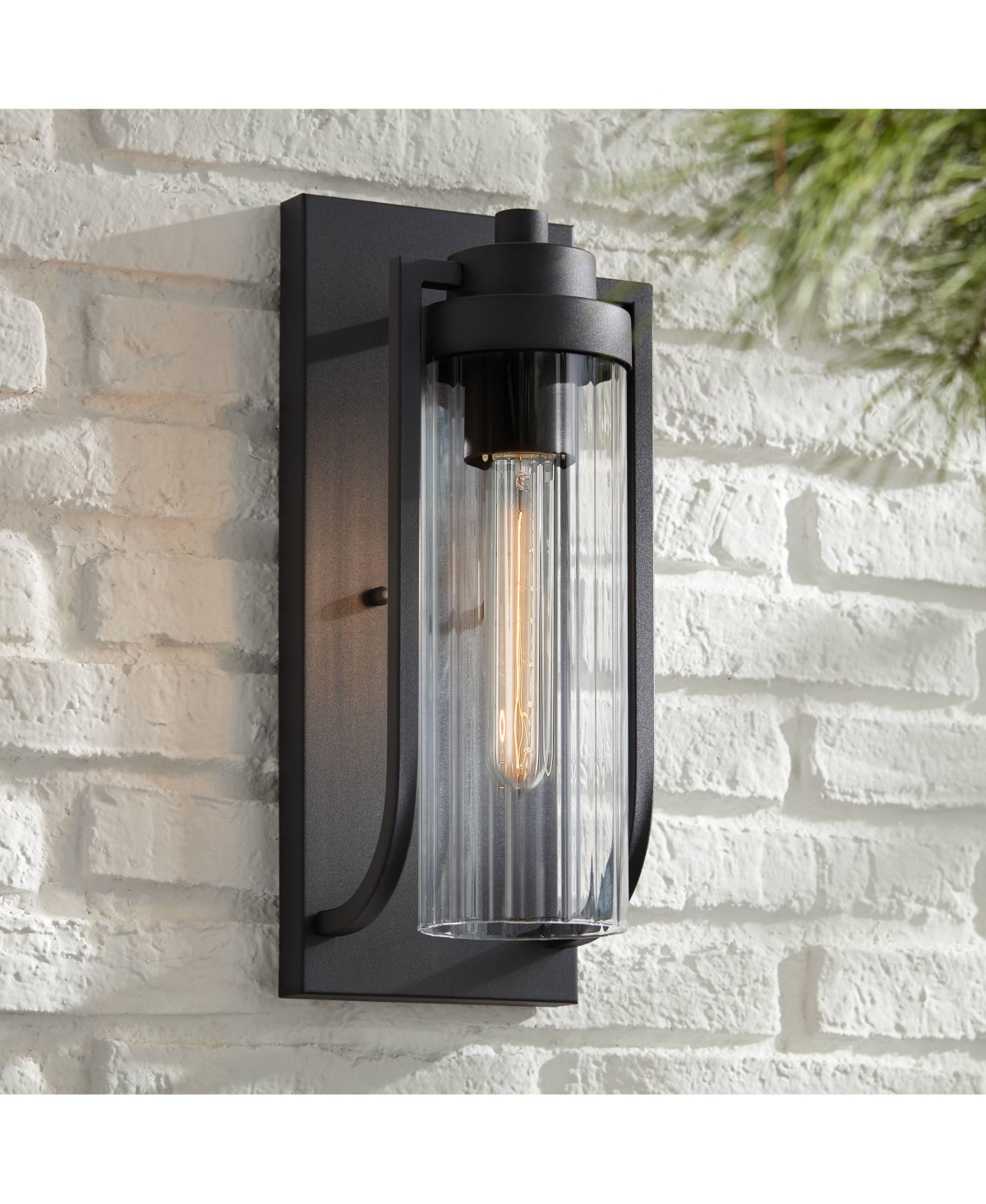 Bogata Modern Outdoor Wall Light Fixture Textured Black Steel 15 1/2" Clear Ribbed Cylinder Glass for Exterior House Porch Patio Outside Deck Garage Y