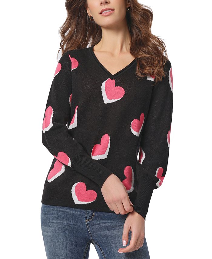 Women's Jacquard Heart V- Neck Puff-Sleeve Sweater