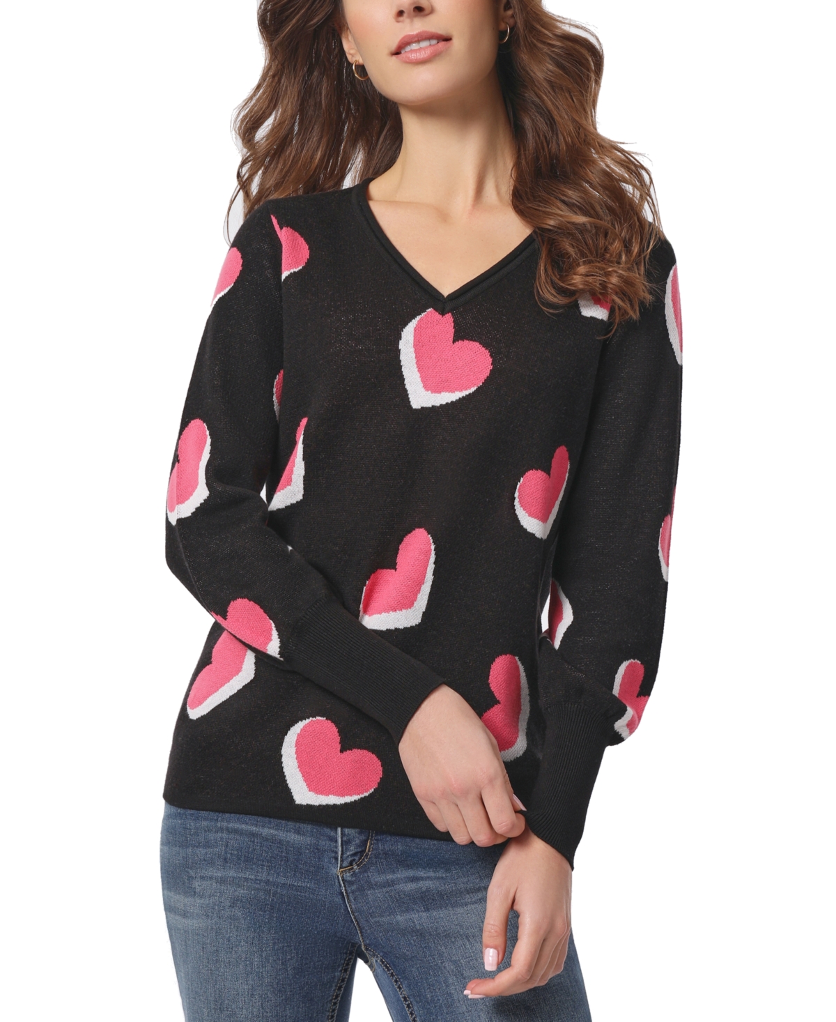 Jones New York Women's Jacquard Heart V- Neck Puff-sleeve Sweater In Jones Black Multi