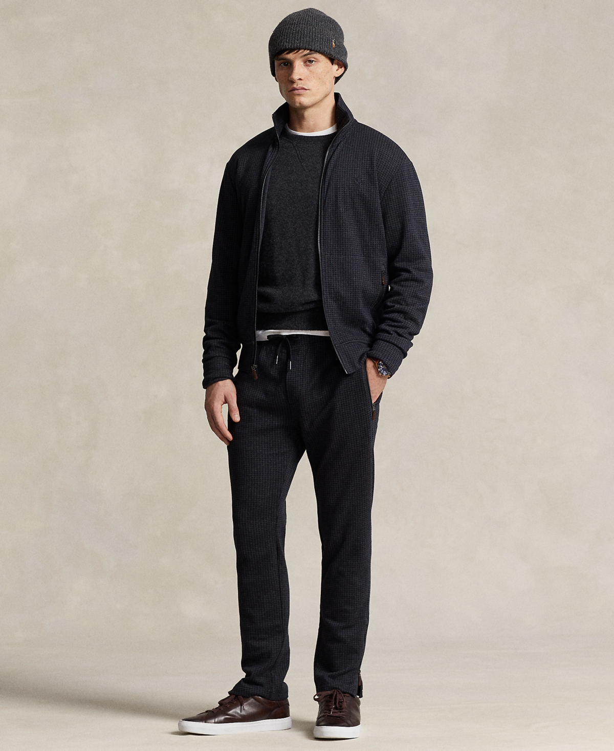 Shop Polo Ralph Lauren Men's Herringbone Double-knit Jersey Jogger Pants In Dark Granite Hthr Dogtooth