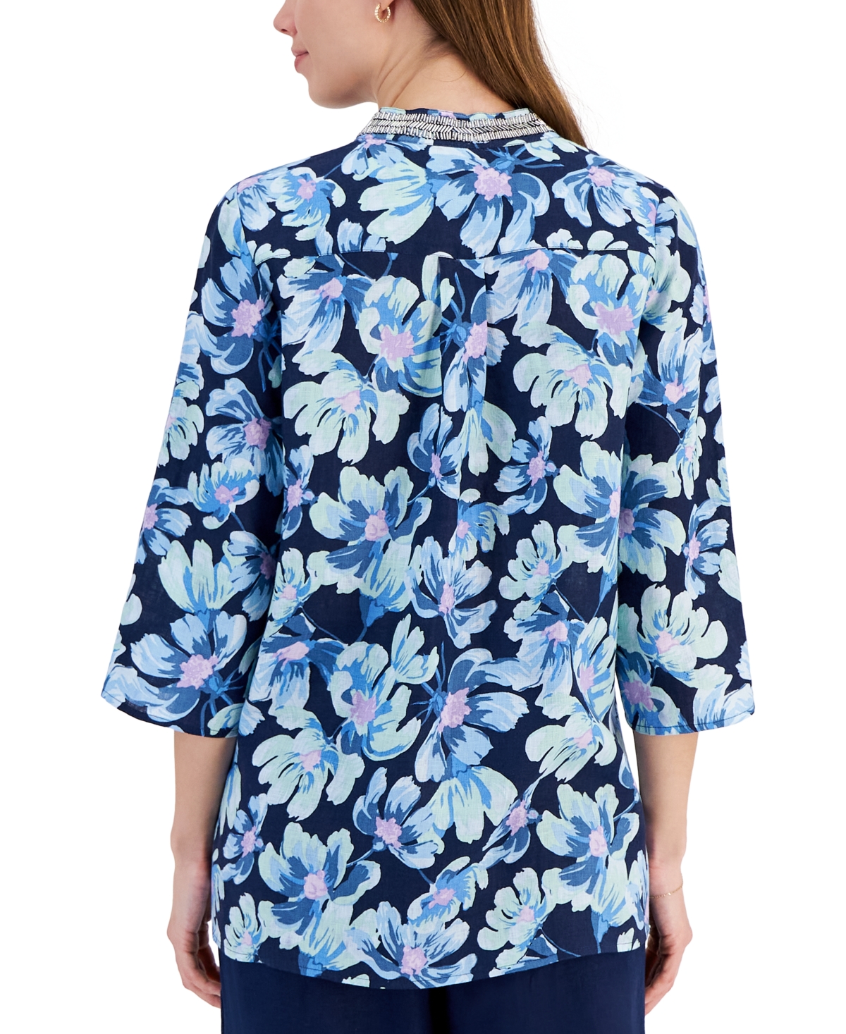 Shop Charter Club Women's 100% Linen Morning Bloom Tunic, Created For Macy's In Intrepid Blue Combo