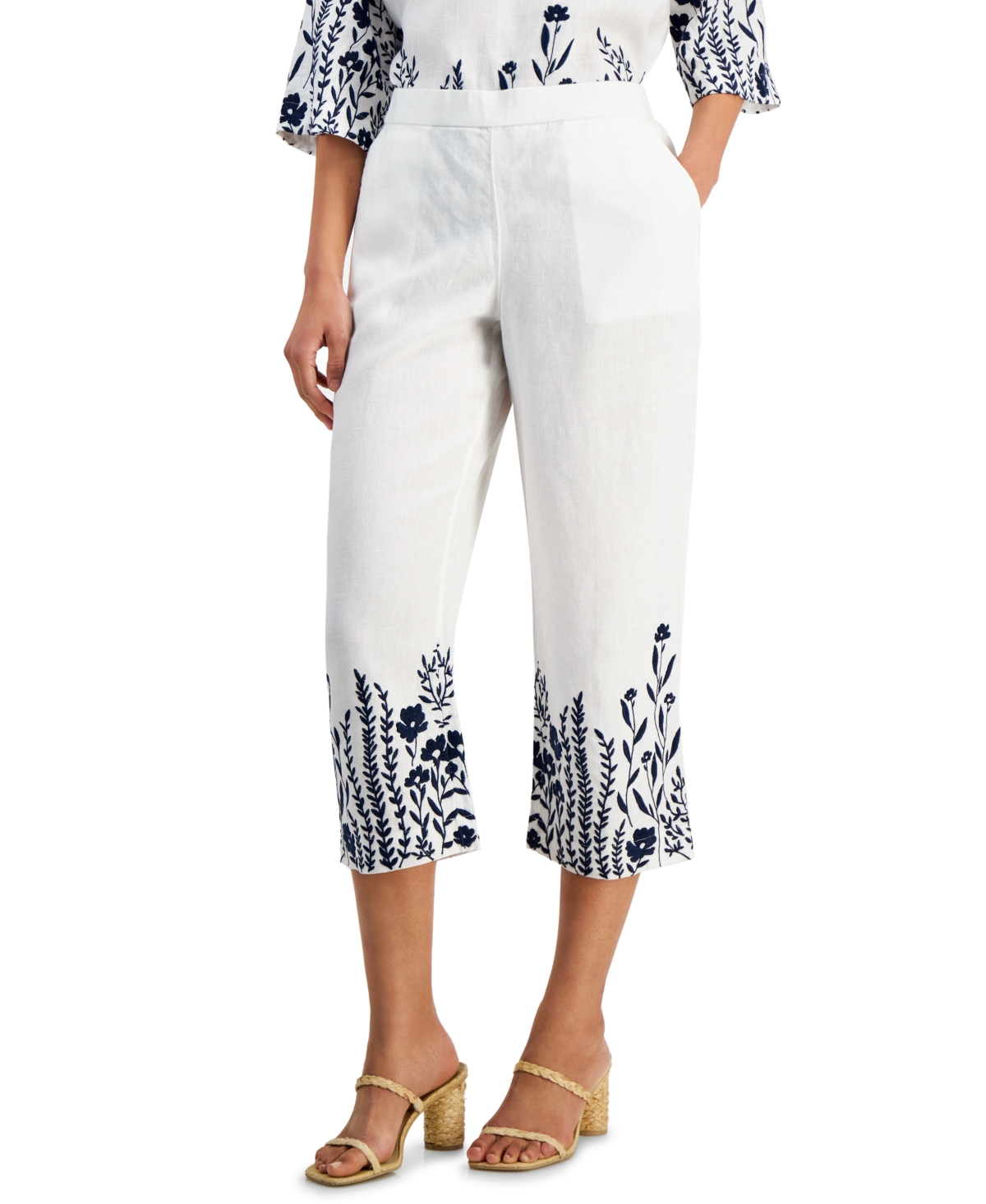 Women's 100% Linen Embroidered Cropped Pants, Created for Macy's - Bright White