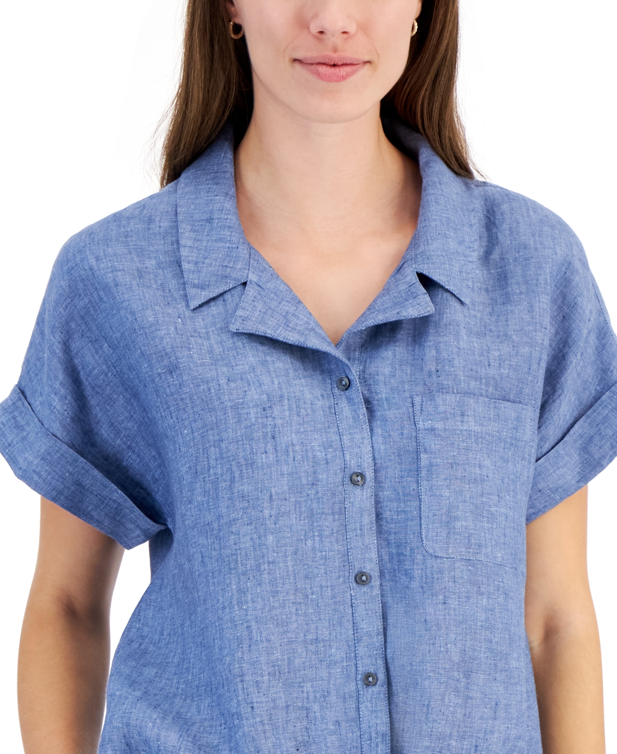 Shop Charter Club Women's 100% Linen Tie-front Shirt, Created For Macy's In Blue Ocean Combo