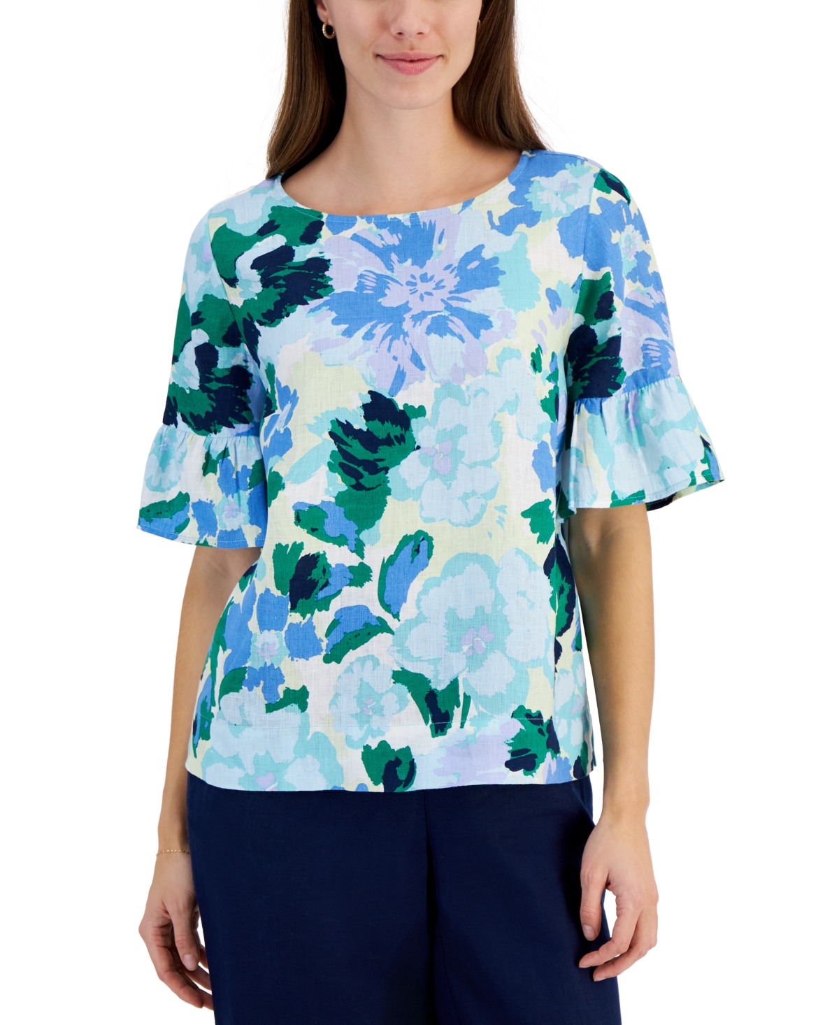 Women's 100% Linen Garden Blur Ruffled Top, Created for Macy's - Light Pool Blue