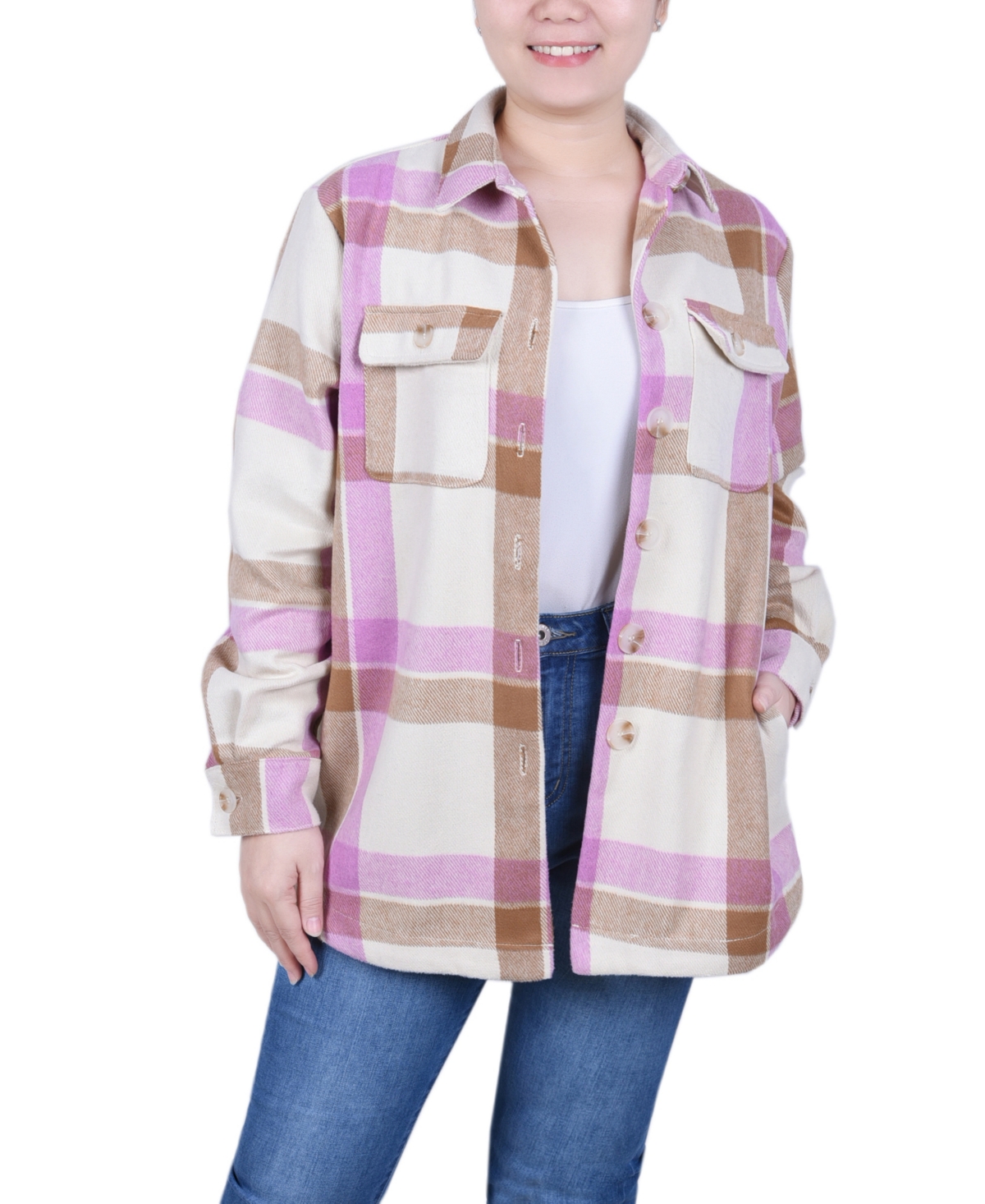 Women's Long Sleeve Twill Shirt Jacket - Pink White Plaid