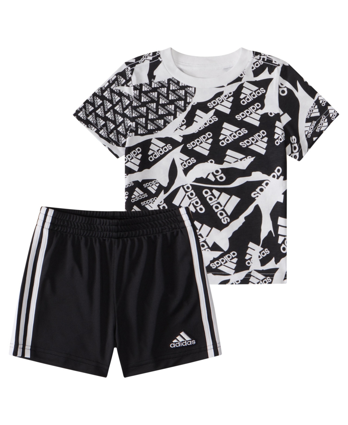 Shop Adidas Originals Baby Boys Printed T Shirt And 3 Stripe Shorts, 2 Piece Set In White