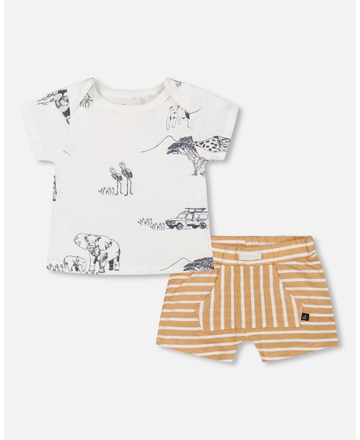 Deux Par Deux Organic Cotton Top & Short Set - Dark Grey With Printed Pixel Dog