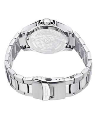 Men's Stainless Steel Case on Link Bracelet, Black Bezel Watch, Black Dial, with White and Silver Accents