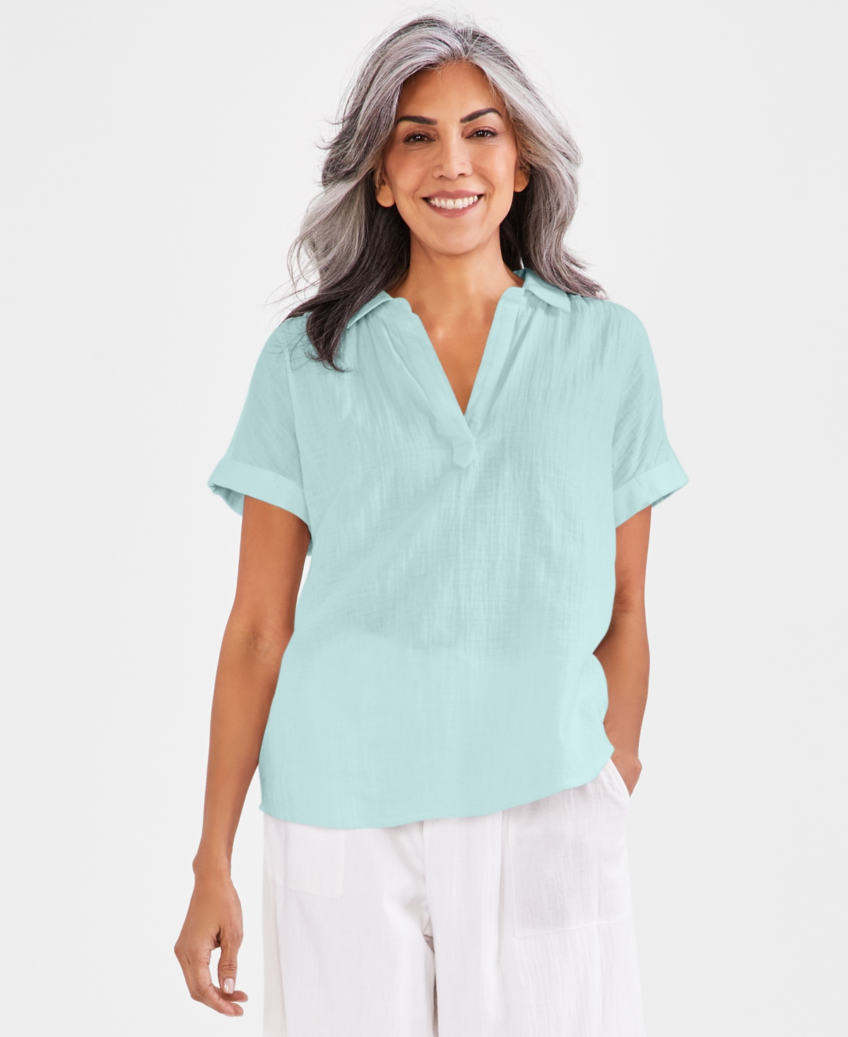 Shop Style & Co Petite Cotton Short-sleeve Camp Shirt, Created For Macy's In Art Deco Green