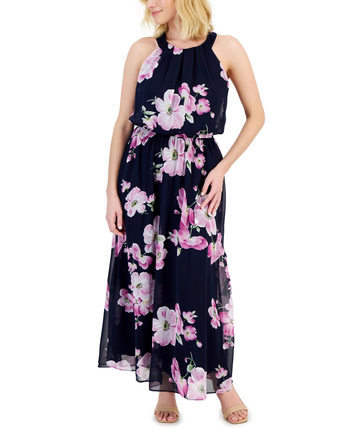 Shop Robbie Bee Petite Halter Floral Print Sleeveless Maxi Dress In Navy,orchid