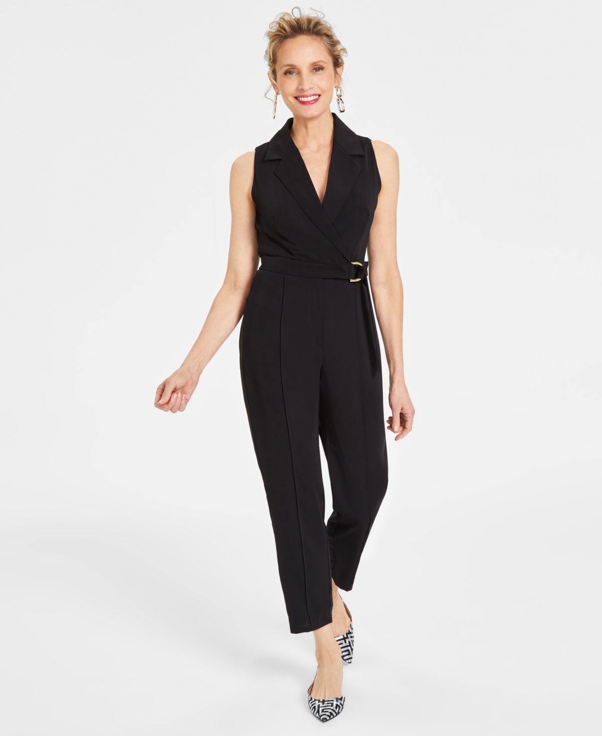 Women's Notched Collar Jumpsuit, Created for Macy's - Deep Black