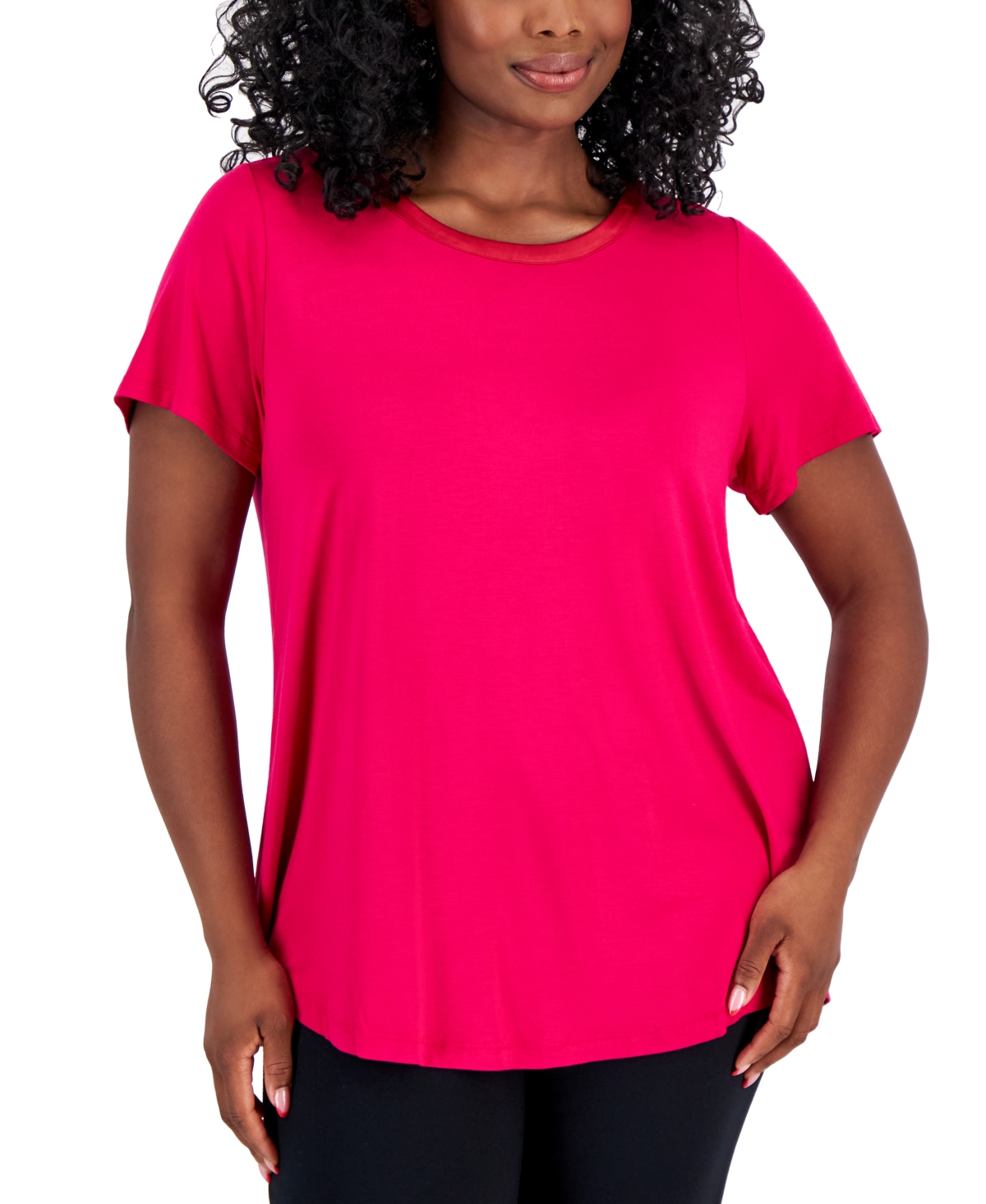 Shop Jm Collection Plus Size Satin Trim Neck Short-sleeve Top, Created For Macy's In Claret Rose