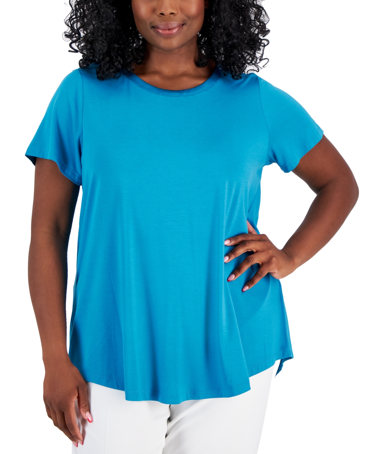 Shop Jm Collection Plus Size Satin Trim Neck Short-sleeve Top, Created For Macy's In Seafrost