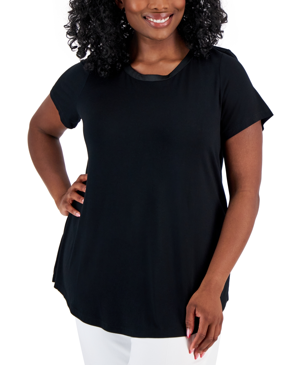 Shop Jm Collection Plus Size Satin Trim Neck Short-sleeve Top, Created For Macy's In Deep Black
