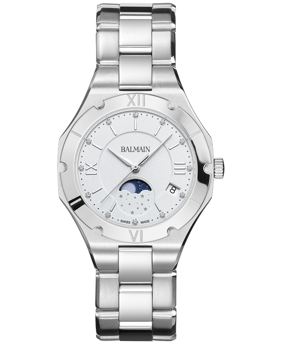 Women's Swiss Be Balmain Moonphase Diamond (1/20 ct. t.w.) Stainless Steel Bracelet Watch 33mm - Silver