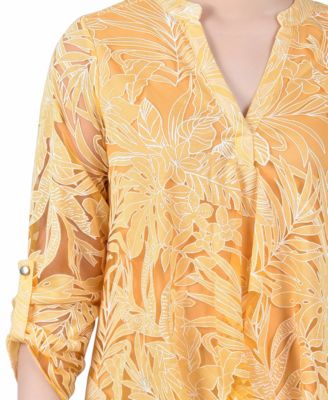 Women's Long Sleeve Burnout Y-neck Blouse