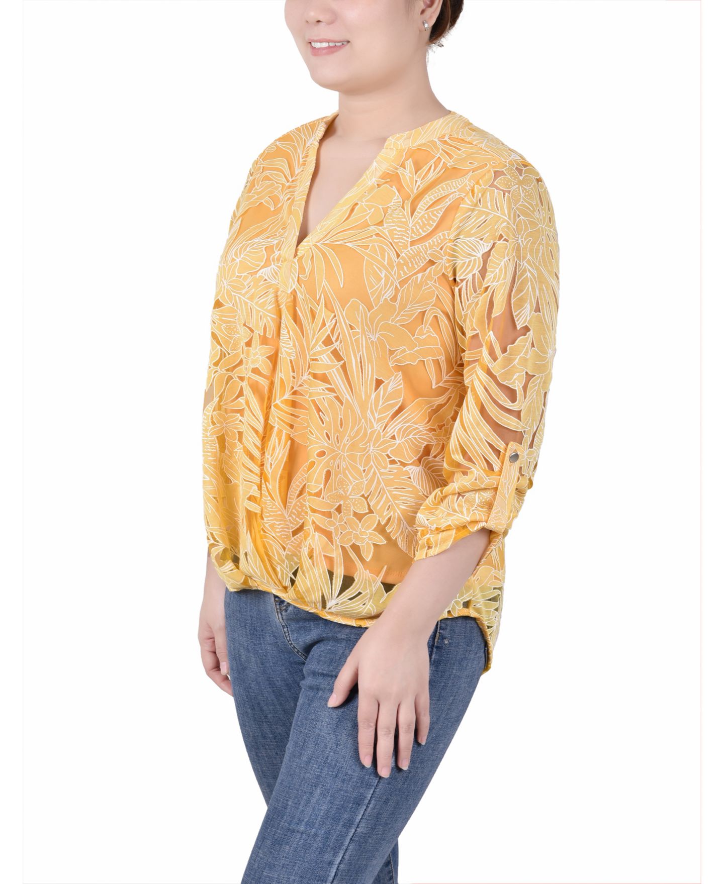 Женская блузка NY Collection Long Sleeve Burnout Y-neck, цвет: Жёлтый — фото 3