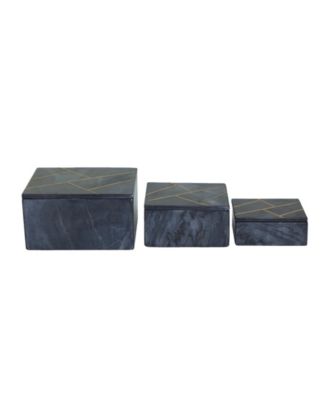 Real Marble Box with Gold-Tone Linear Lines Set of 3 - 9", 7", 6"W