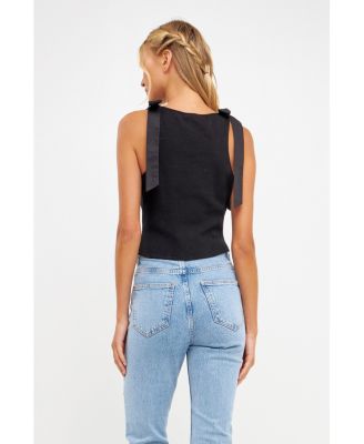 Women's Mixed Media Bow Tie Ribbed Henley Top