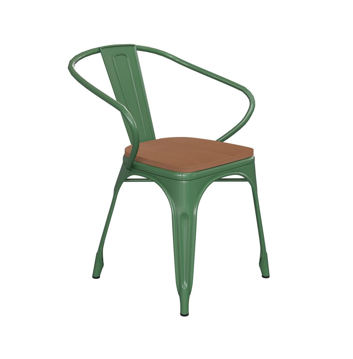 Emma+oliver Alva Metal Indoor-outdoor Stacking Chair With Vertical Slat Back, Arms And All-weather Polystyrene S In Green,teak