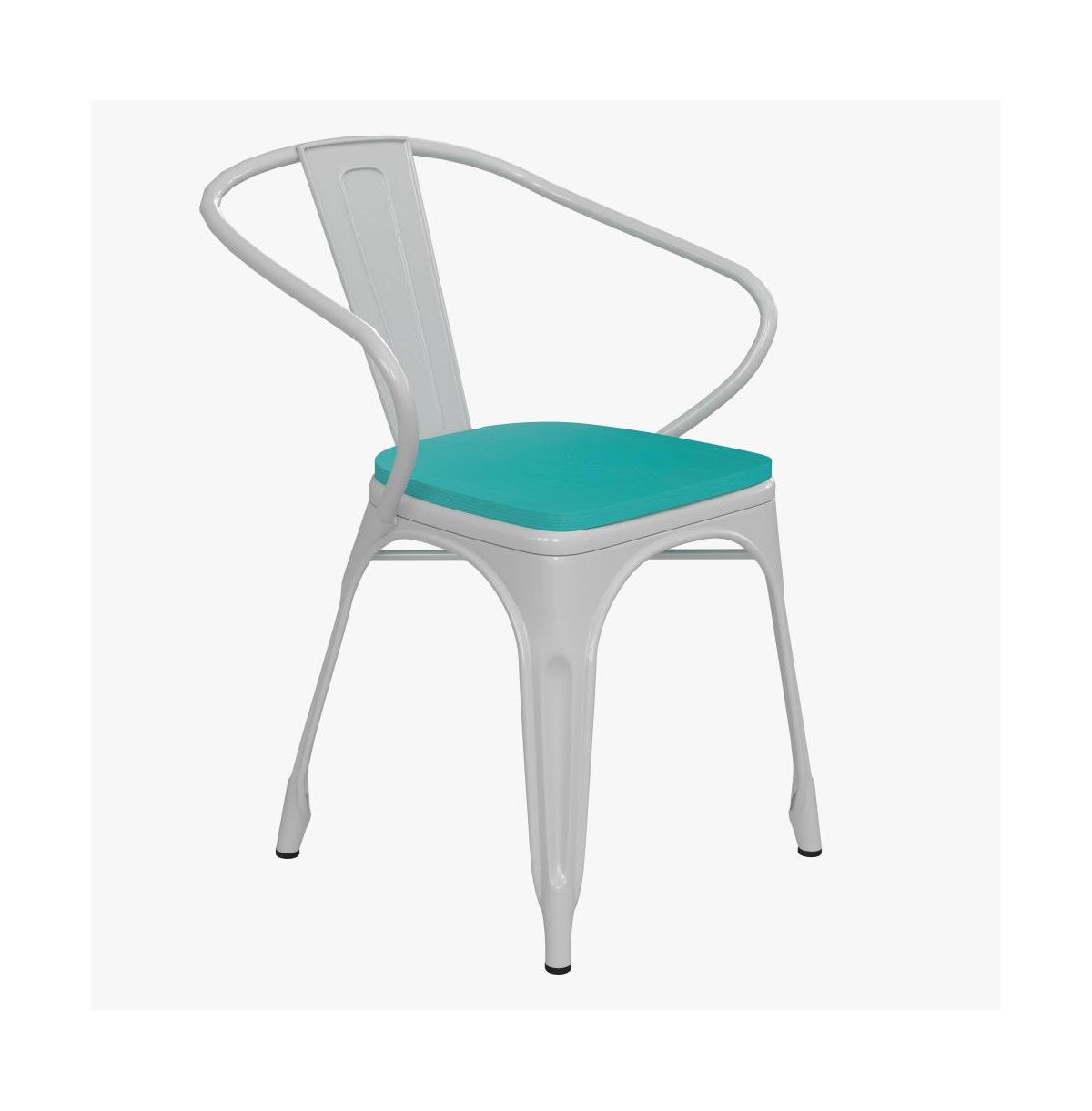 Emma+oliver Alva Metal Indoor-outdoor Stacking Chair With Vertical Slat Back, Arms And All-weather Polystyrene S In White,mint Green