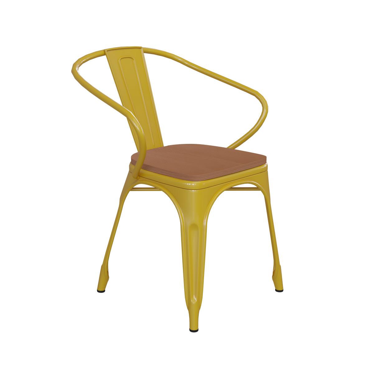 Emma+oliver Alva Metal Indoor-outdoor Stacking Chair With Vertical Slat Back, Arms And All-weather Polystyrene S In Yellow,teak