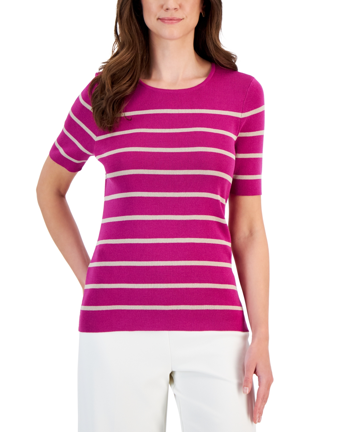 Women's Striped Round-Neck Short-Sleeve Sweater Top - Wild Berry Sand