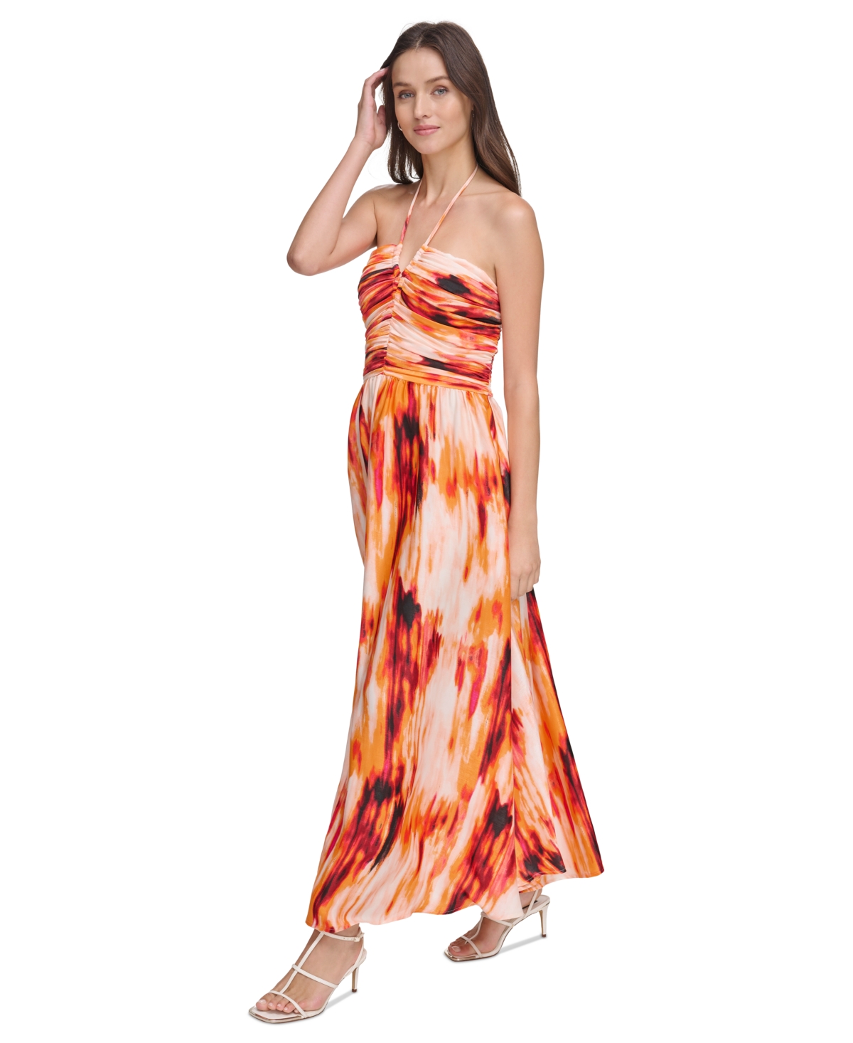 Shop Dkny Women's Printed Satin Strappy Halter Maxi Dress In Orange Blossom Multi
