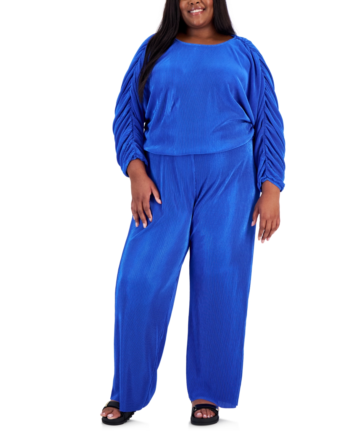 Shop Full Circle Trends Juniors' Plisse Ruched-sleeve Top & Pants In Dazzling Blue