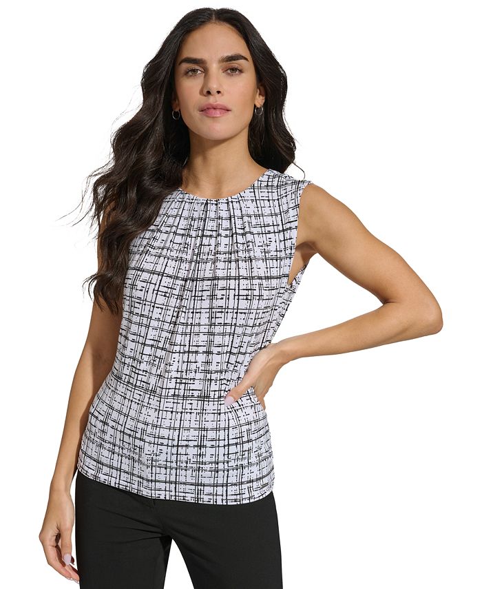 Calvin Klein Women's Printed Sleeveless Pleat-Neck Top - Macy's