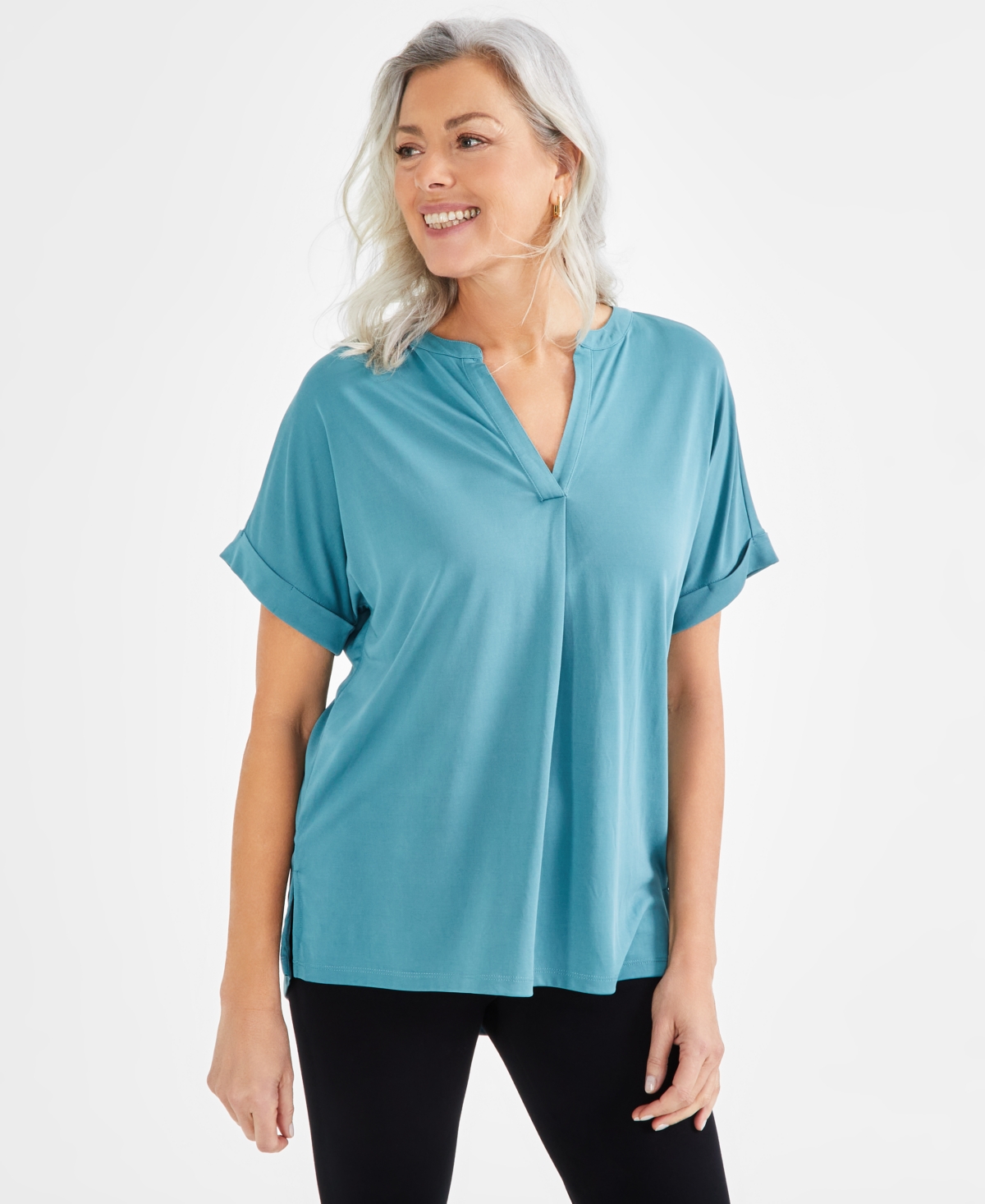 Shop Style & Co Women's Split-neck Short Sleeve Knit Shirt, Created For Macy's In Desert Teal