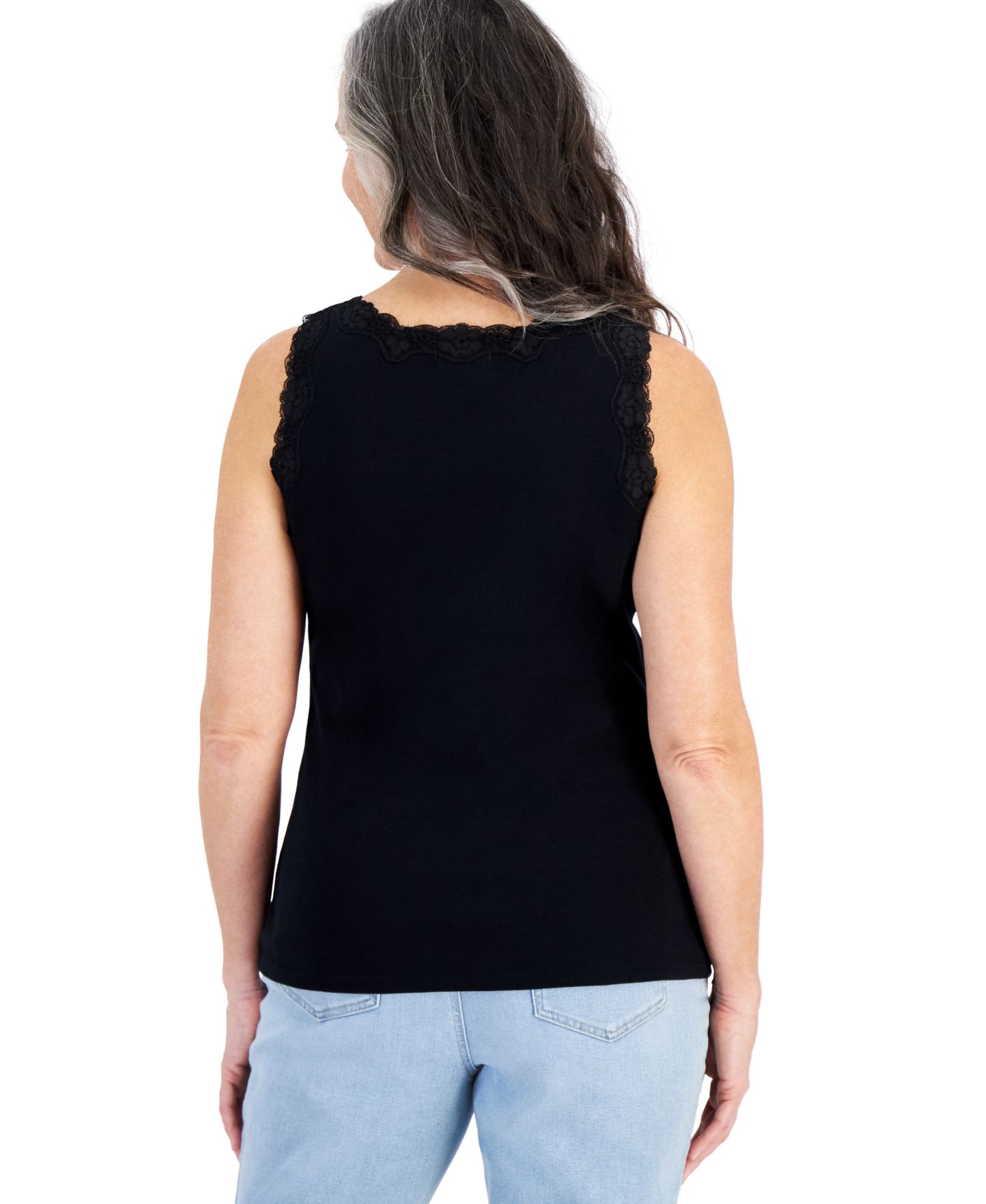 Женский топ Style & Co Lace-Trim Cotton Tank Top, цвет: Глубокий чёрный — фото 2