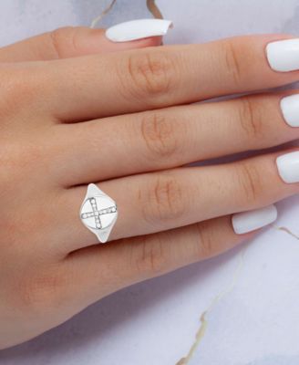 Cubic Zirconia Pav&eacute; Cross Polished Signet Ring