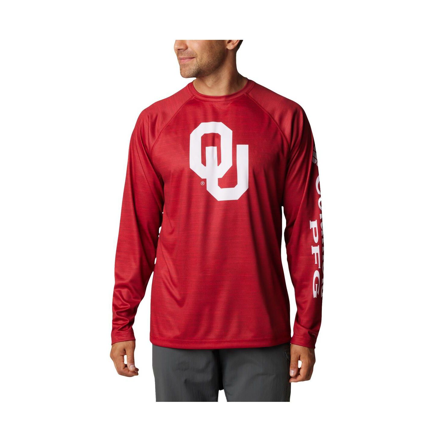 Мужская футболка Columbia Crimson Oklahoma Sooners PFG Terminal Tackle Omni-Shade Raglan Long Sleeve — фото 1
