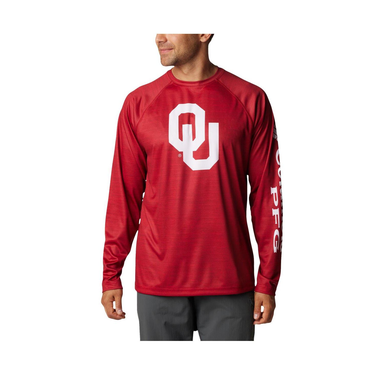 Men's Crimson Oklahoma Sooners PFG Terminal Tackle Omni-Shade Raglan Long Sleeve T-shirt