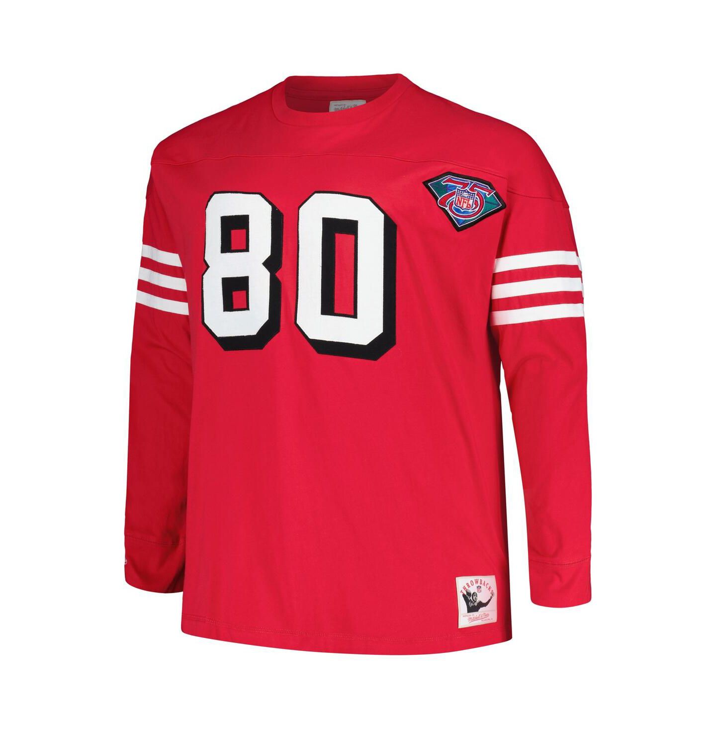 Мужская футболка Mitchell & Ness Jerry Rice Scarlet San Francisco 49ers Big and Tall Cut and Sew Player Name and Number Long Sleeve — фото 2