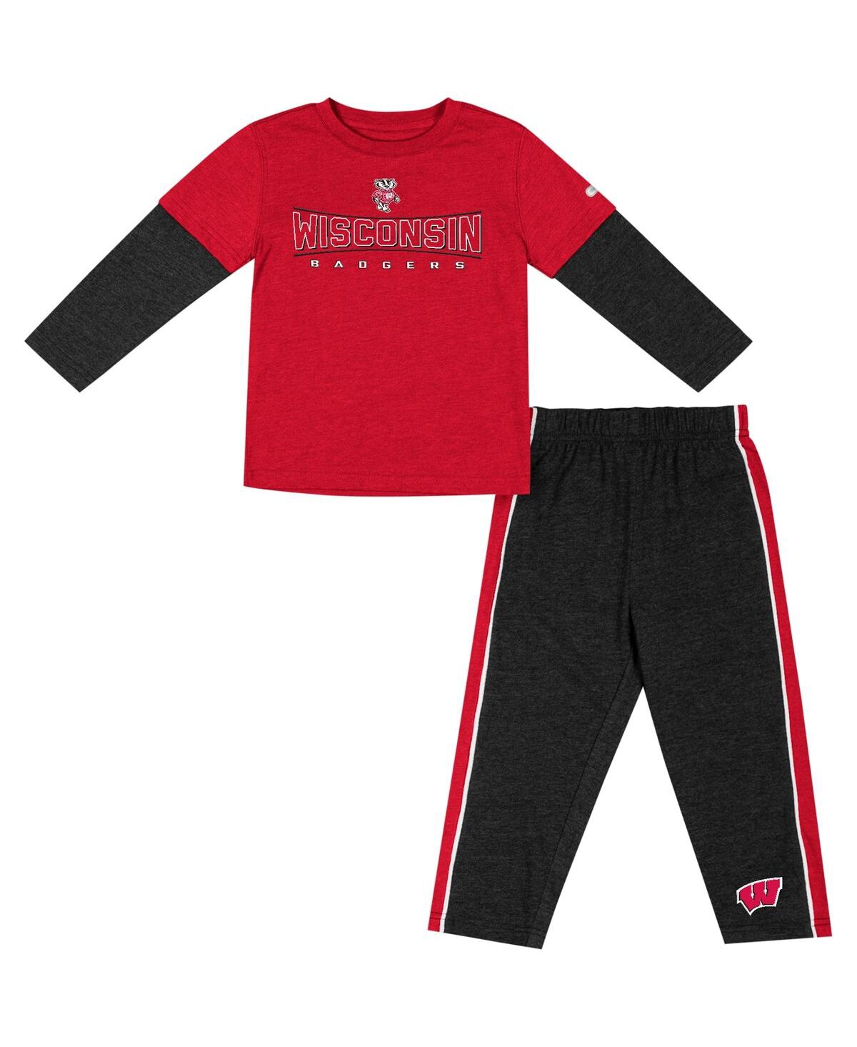 Colosseum Babies' Toddler Boys And Girls  Red, Black Wisconsin Badgers Long Sleeve T-shirt And Pants Set In Red,black
