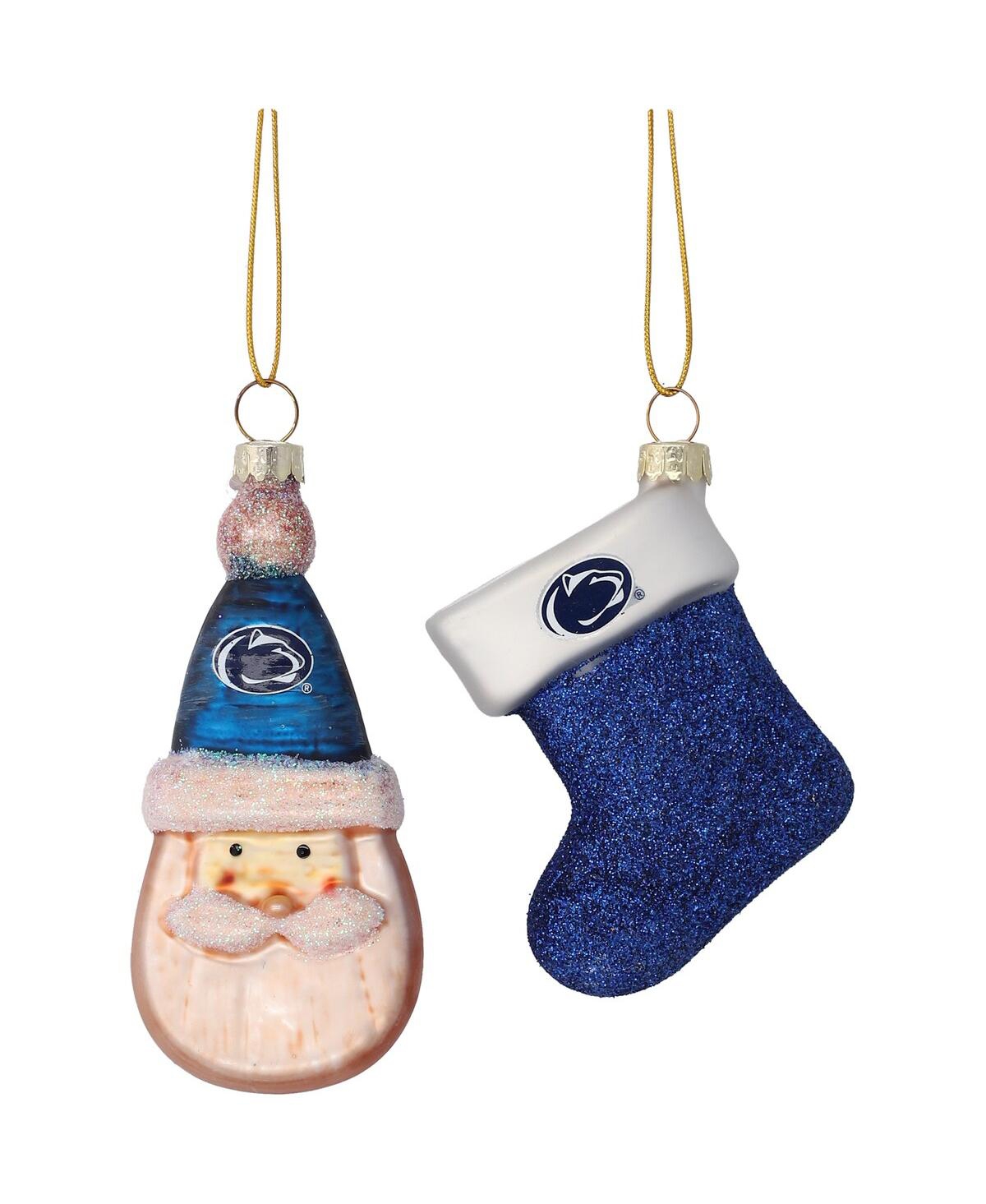 Penn State Nittany Lions Two-Pack Santa and Stocking Blown Glass Ornament Set - White, Royal