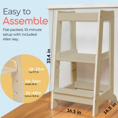 Toddler Tower with Adjustable Step, White Montessori-Inspired Toddler Step Stool, Standing Tower for Kids, Fits Under Kitchen Counters, Adjustable for 18 Month - 5 Years