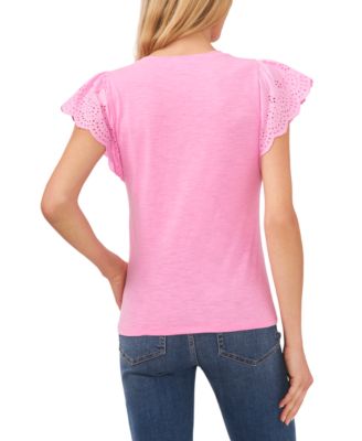 Women's Crewneck Eyelet Flutter-Sleeve Knit Top